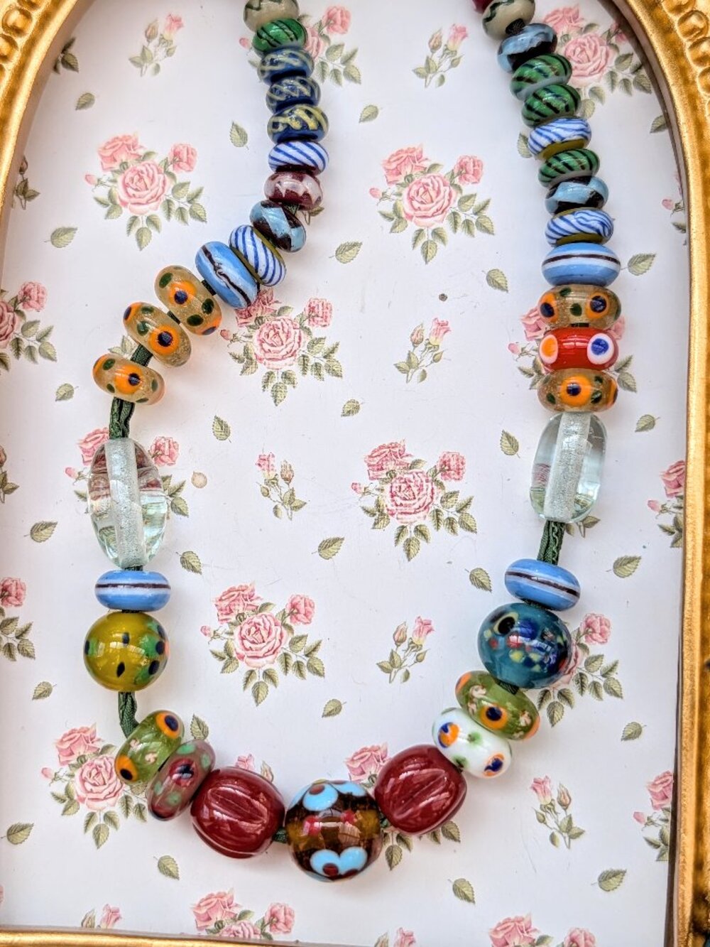 Vintage Handmade Lovely Mosaic Glass Bead Necklace on Green Ribbon